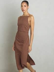 KSTM Robe midi à rayures fines avec bretelles, encolure carrée, taille froncée et fente latérale, pour les soirées d'été - Tabac - Voir 2