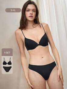 Bralution Women's Solid Color Elegant Sexy Bra And Triangle Panty Lingerie Set - Black - View 1