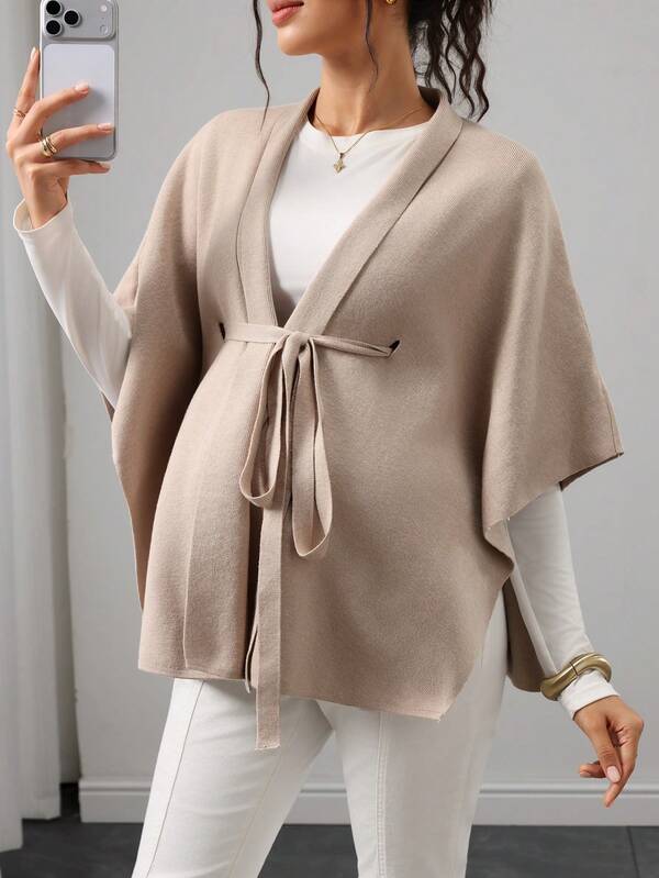 Momance Capa de maternidad de corte holgado con cuello de chal y diseño de cobertura con lazo en la cintura, casual elegante para el día a día, chaqueta de suéter de punto holgado de unicolor, versátil