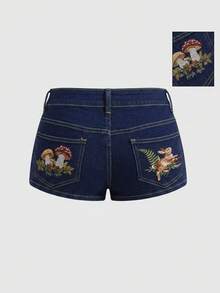 ROMWE Fairycore 深色蘑菇風格鄉村風植物圖案刺繡超低腰女款牛仔短褲 度假海軍藍夏季款 - 寶藍色 - 查看 1