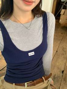 DAZY Women's Letter Print Denim Tank Top And Round Neck Long Sleeve T-Shirt Casual 2-Piece Set - Blue - View 3