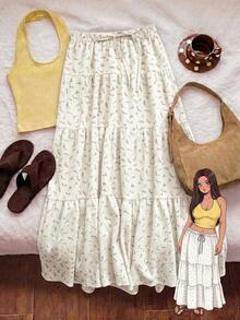 Comfortcana Plus Size Women's Vacation Waist Tie Ruffle Hem Casual Skirt - Apricot - View 2