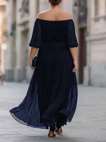 Velvienne Plus Size Women's Woven Regular Fit Summer Beach Vacation Casual Minimalist Blue & White Square Print Spaghetti Strap Cinched Waist Dress - Navy Blue - View 3