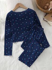 Girls' Royal Blue Small Heart Print Long Sleeve Cropped Top And Matching Heart Print Long Pants Pajama Loungewear Set - Royal Blue - View 2