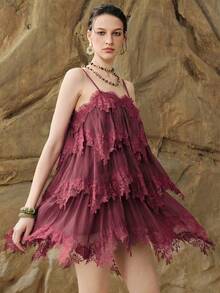 Arave Women's Solid Color Lace Patchwork Multi-Layer Spaghetti Strap Mid-Length Dress - Burgundy - View 2