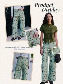 Nöista High-Waisted Wide-Leg Pants With Hazy Green Floral Print. Comfortable, Versatile And Stylish. - Green - View 11