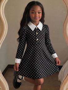 女童小女孩可愛優雅圓點領長袖圓點洋裝黑色裙開學服裝萬聖節穿搭 - 黑色 - 查看 6