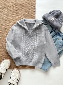 PrepCrw Suéter de media cremallera de manga larga y cuello para niño, con corte holgado - Gris Claro - Ver 2