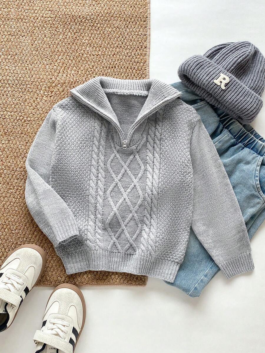 PrepCrw Suéter de media cremallera de manga larga y cuello para niño, con corte holgado - Gris Claro - Ver 1