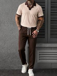 Manfinity CasualCool 男士夏季休閒拼色 Polo 衫與長褲套裝 - 棕色 - 查看 5