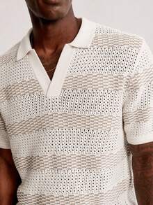 AKNOTIC Camiseta de punto de manga corta con bloques de color y rayas para hombre - Albaricoque - Ver 1
