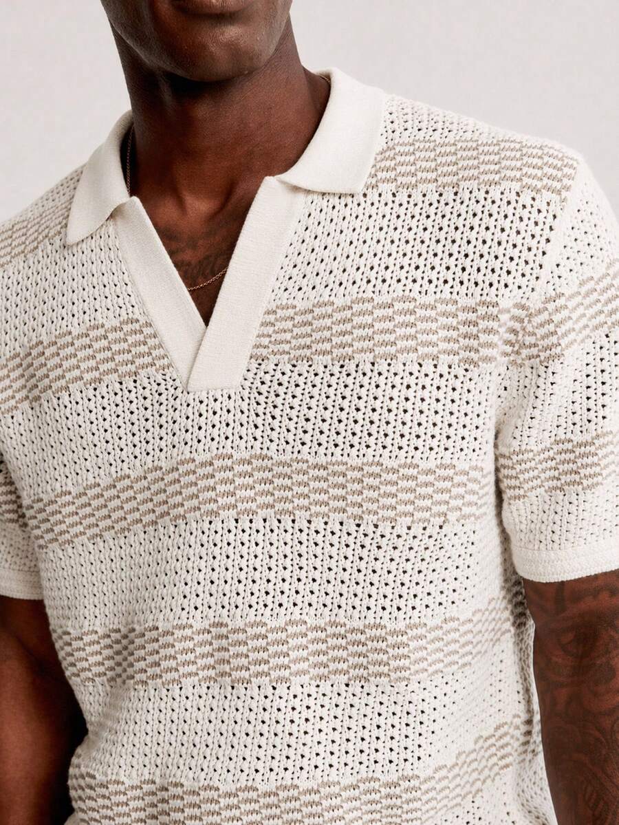 AKNOTIC Camiseta de punto de manga corta con bloques de color y rayas para hombre - Albaricoque - Ver 1