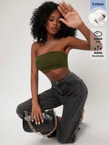 SHEIN BASICS 女款純色休閒日常穿搭抹胸上衣 - 軍綠色 - 查看 4