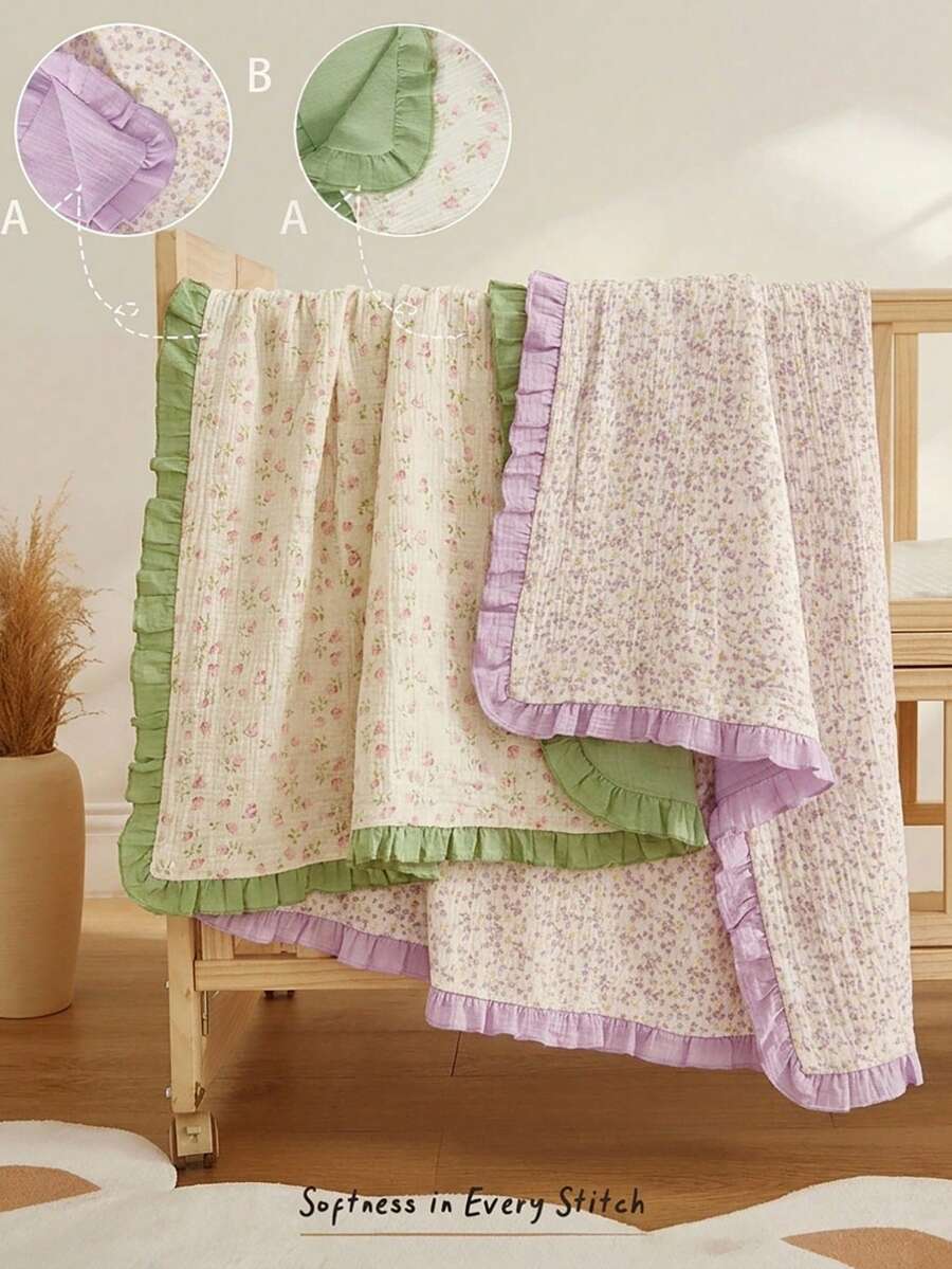 Cozy Pixies 1件裝嬰兒毯,荷葉邊設計,純棉克雷普材質,舒適柔軟,田園花卉圖案,適合作為新生兒禮物 - 彩色 - 查看 1