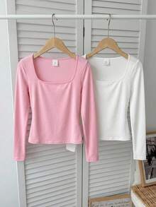 SHEIN Girlism 2pcs/Set Tween Girls' Crew Neck Fitted Basic Casual Long Sleeve T-Shirts - Watermelon Pink - View 9