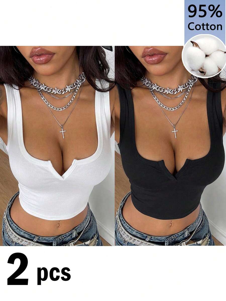 Coolane 女款 95% 棉 2件組背心-黑色/白色;復古/軟妹風/時尚;休閒/居家/運動/健身,百搭 - 彩色 - 查看 1