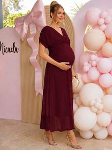 Loomaby Elegant Solid Color Maternity Party Dress - Burgundy - View 4