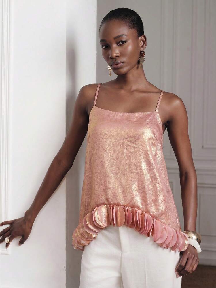 Aveloria Modichic Women's Cami Tops Slim Loose Fit Textured Satin Spaghetti Strap 3D Layered Ruffle Hem Elegant Party Cocktail Date Rose Gold Solid Going Out Summer - Pink - View 5
