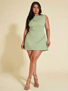 SHEIN BAE Plus Size Women's Spring/Summer Red Ruched Mini Dress, Elegant Beach Vacation Dress - Mint Green - View 7