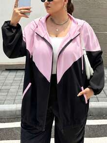 SHEIN CURVE+ 大尺碼女款運動風拼色拉鍊外套，秋冬季，2026 22W 返校季 - 彩色 - 查看 4