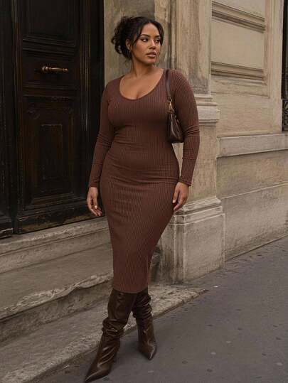 Solavibe Plus Size Women Solid Color Casual Minimalist Party & Travel Dress,Slim Fit Ribbed Knit V Neck Bodycon Midi Dress,Autumn Outfits For Women