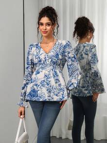 Momance Maternity Floral Print V-Neck Flare Sleeve Elegant Blouse Fall - Blue - View 1