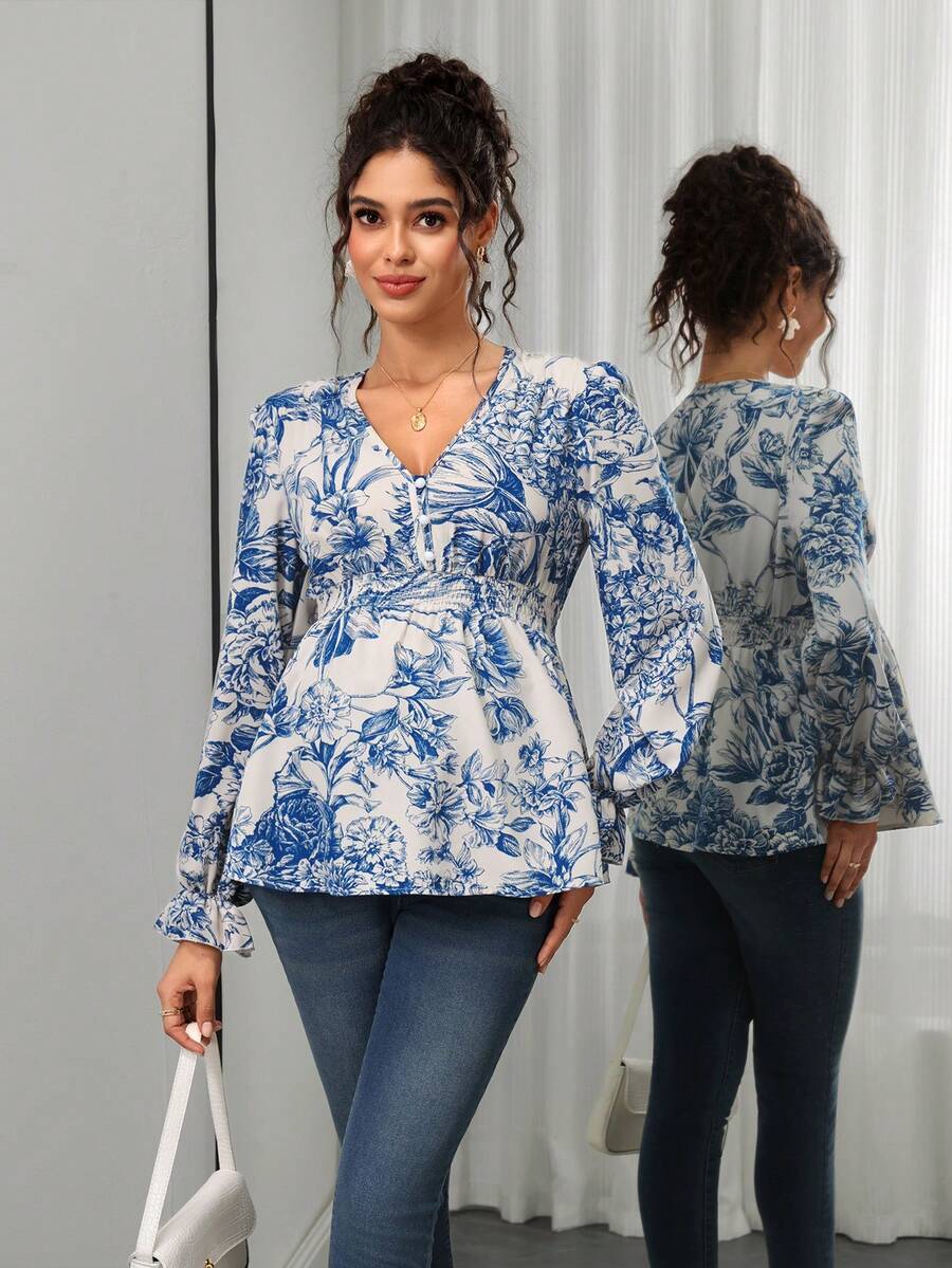 Momance Maternity Floral Print V-Neck Flare Sleeve Elegant Blouse Fall - Blue - View 1
