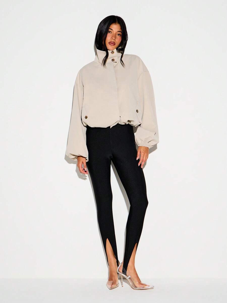 KIZN Oversized Button Detail Funnel Neck Lightweight Jacket With Balloon Sleeves And Elasticated Cuffs Fall Outerwear - Khaki - View 1