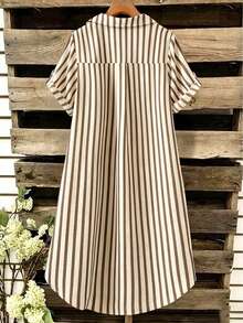 EMERY ROSE New V-Neck Striped Loose Casual Long Button-Down Women's Dress - Khaki - View 2