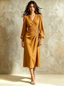 SHEIN LUNE 新款酒红色褶裥收腰优雅女式连衣裙 - 黃色 - 查看 1