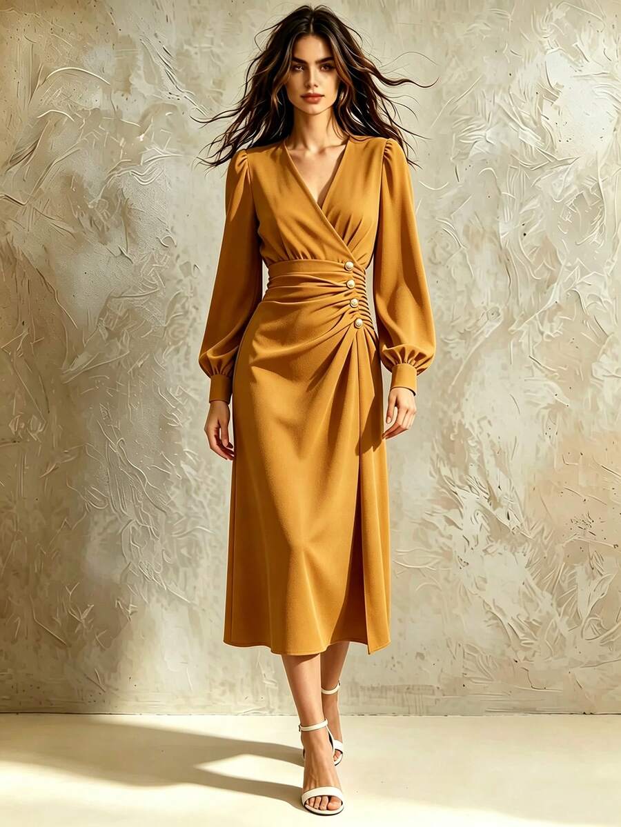 SHEIN LUNE 新款酒红色褶裥收腰优雅女式连衣裙 - 黃色 - 查看 1