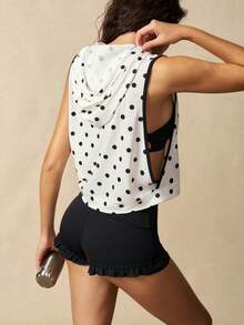 VARSIVA Camiseta deportiva sin mangas con capucha y cordón ajustable con estampado de lunares para mujer - Blanco y Negro - Ver 3