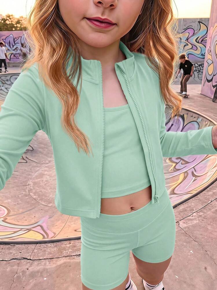 SHEIN Young Girl Solid Color Long Sleeve Zip-Up Jacket Vest With Shorts Sports Set - Green - View 9