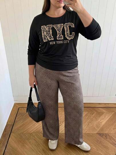 Solavibe Conjunto casual de 2 piezas para mujer talla grande con camiseta de manga larga con estampado de letras y pantalones con estampado de leopardo para otoño