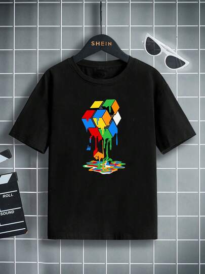 SHEIN 青少年男孩超大休闲魔方印花 T 恤适合夏季