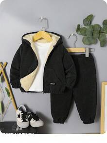 SHEIN 男嬰休閒戶外燈芯絨保暖內裡寬鬆連帽外套與鬆緊腰長褲套裝 - 黑色 - 查看 2