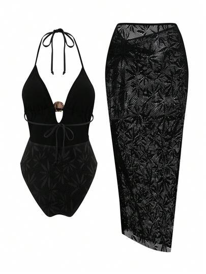 Swim Oasis Women's Lace Metal Decor Halter One-Piece Swimsuit With Cover-Up Skirt