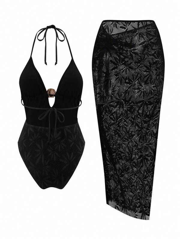 Swim Oasis Women's Lace Metal Decor Halter One-Piece Swimsuit With Cover-Up Skirt
