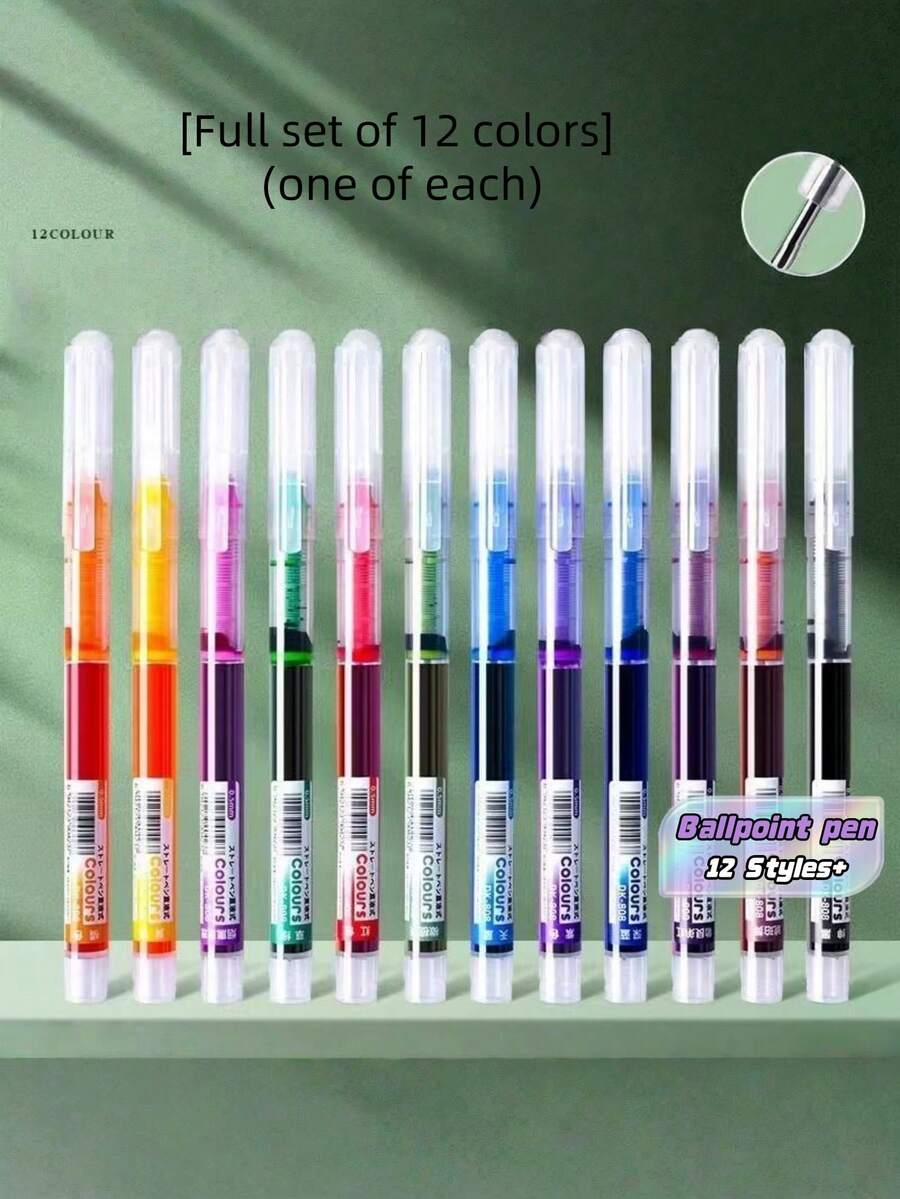 Pulpen Gel Rollerball 12 Warna, Pulpen Ballpoint Tinta Berwarna, Untuk Melukis, Menggambar, dan Penggunaan Kantor - Set - View 1