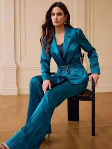 ZEYLAH Women's Elegant Party Jacquard Jacket & Pants 2 Pieces Set - Blue - View 1