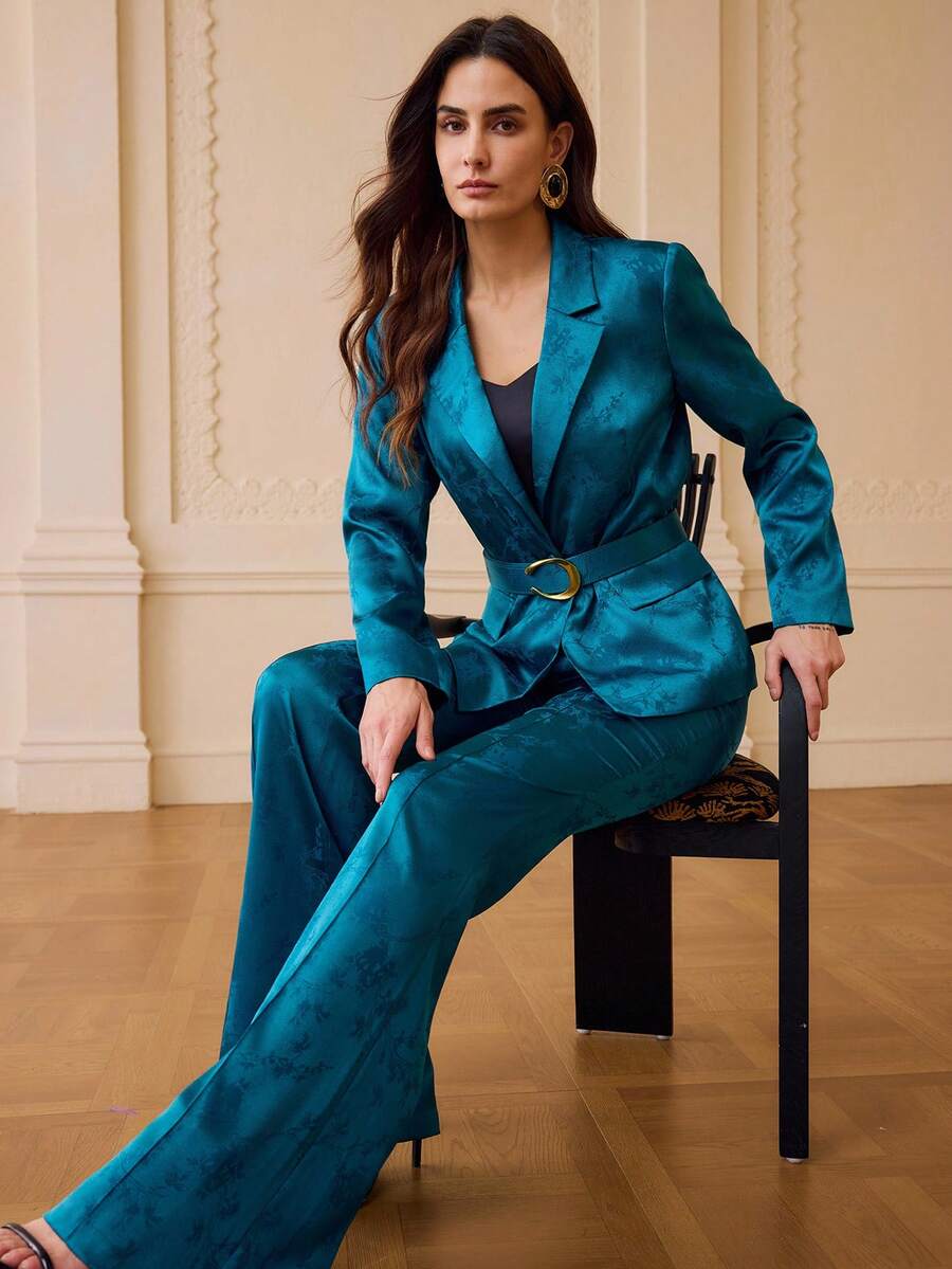 ZEYLAH Women's Elegant Party Jacquard Jacket & Pants 2 Pieces Set - Blue - View 1