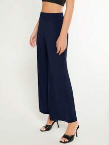 SHEIN BASICS 女款純色時尚百搭寬鬆寬腿褲 夏季女裝套裝 - 藏蓝色 - 查看 3