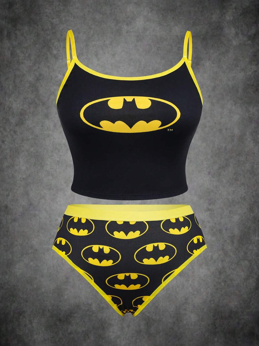 BATMAN X SHEIN 大尺碼女款內衣套裝,含細肩帶背心與三角內褲 - 黑色 - 查看 1