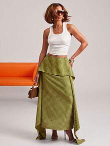 NYA SZN Skirt Maxi Length Gingham Tiered Layered Fit And Flare Plaid Picnic Brunch Casual Everyday Street Style Summer Statement Unique Blue Outfits For Women - Yellow - View 1