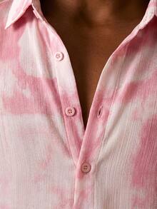 Musero Camisa de manga larga holgada con botones para hombre, bordado de marca, bolsillo delantero con parche / Primavera&Verano - Rosa - Ver 5