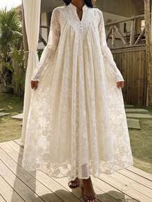 DAZY Women's Elegant Rhinestone Lace Dress With Stand Collar, Suitable For Formal Occasions Sundress - Beige - View 9