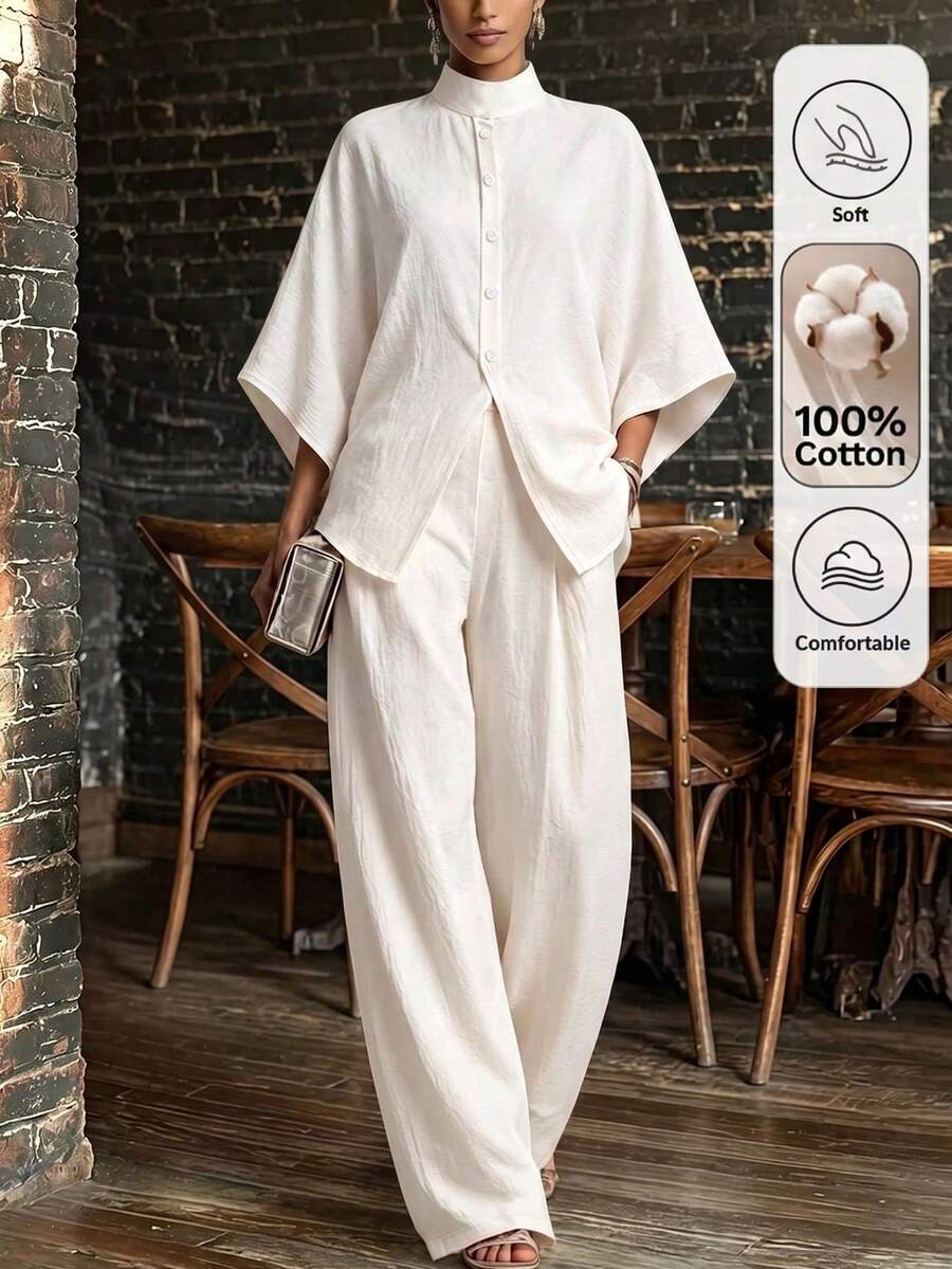 SHEIN 女款秋冬新款白色寬袖口100%純棉布料寬鬆休閒日常居家派對優雅度假海邊通勤上班兩件套 - 白色 - 查看 1