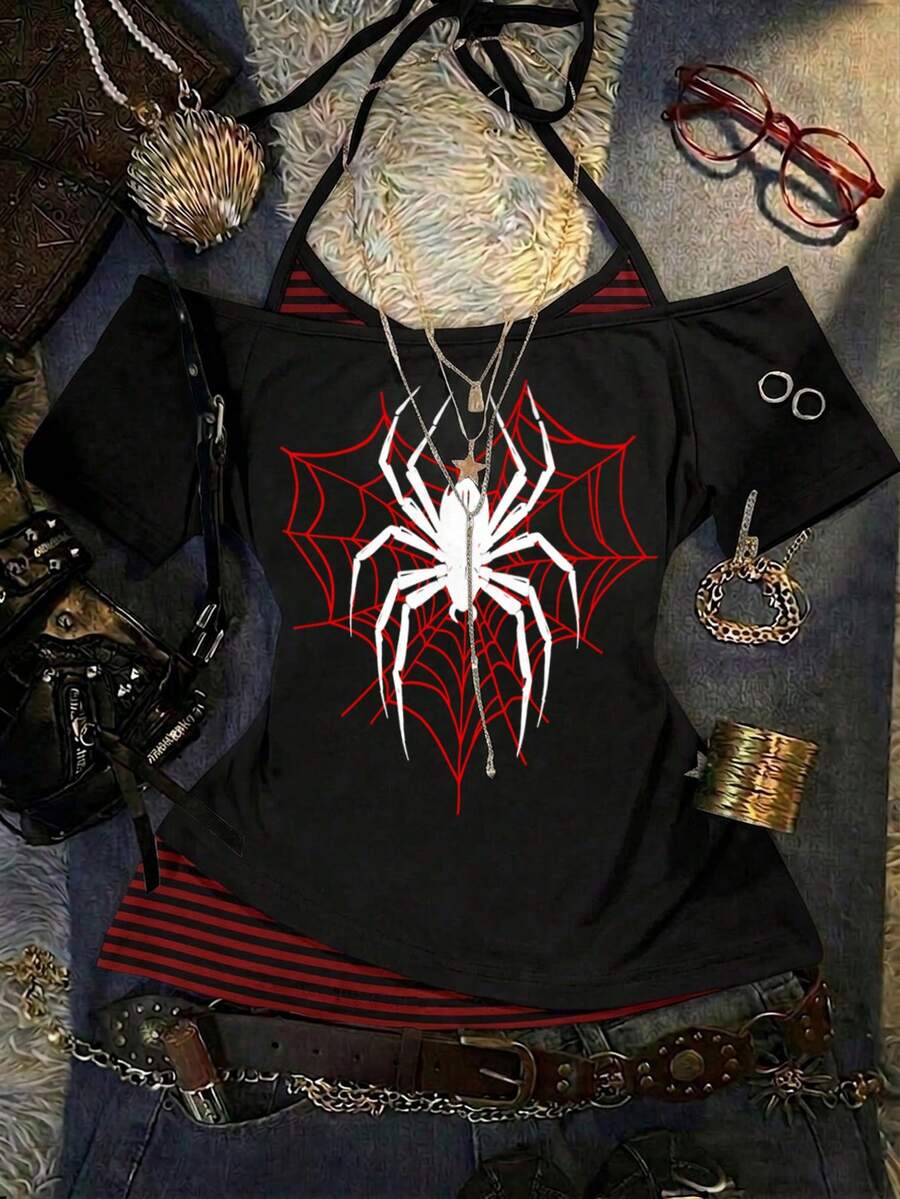 Attitoon Casual Minimalist Contrast Color Red Spider Graphic Print Women's 2 In 1 T-Shirt, Suitable For Spring/Summer Music Festivals - Multicolor - View 1