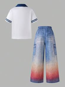 SHEIN 青少年女孩 2件組圓領數位印花短袖T恤與長褲休閒日常套裝，夏季、復古、返校季、寬鬆、針織、秋季 - 彩色 - 查看 2
