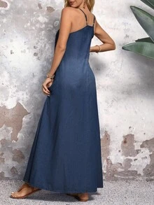 EMERY ROSE Vestido informal de mezclilla con tirantes y mangas sin mangas en unicolor para el verano - Azul lavado oscuro - Ver 3